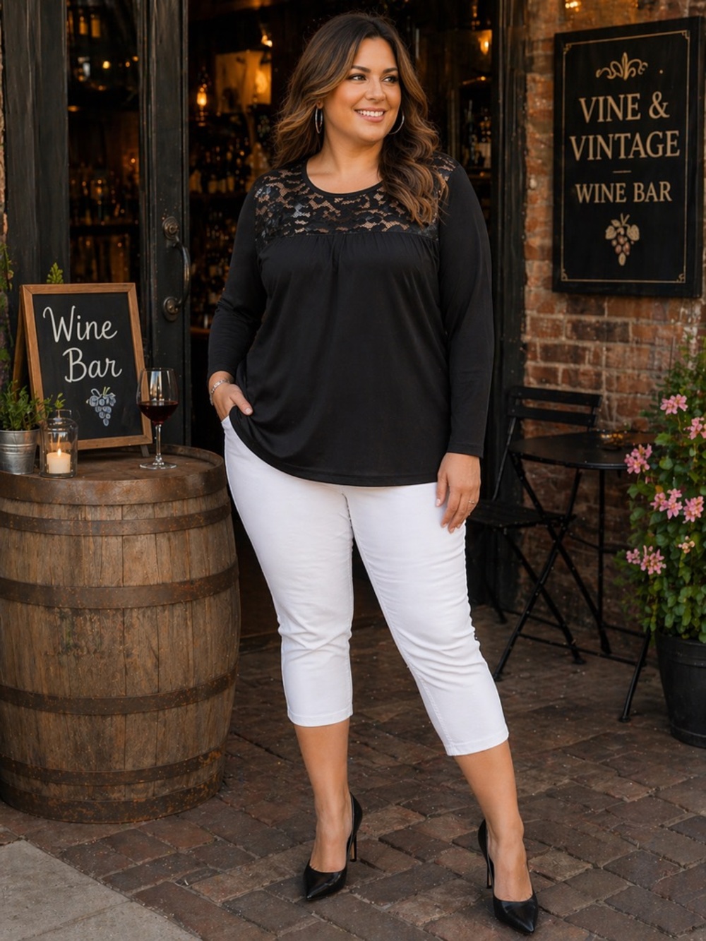 Lane Bryant Black Long-Sleeve Top with faux leather and mesh Yoke.